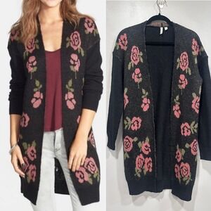 Frenchi Black Floral Knit Open Front Longline Cardigan Angora Wool Size L